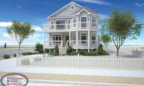 An artist 's impression of a beach house with a white picket fence.