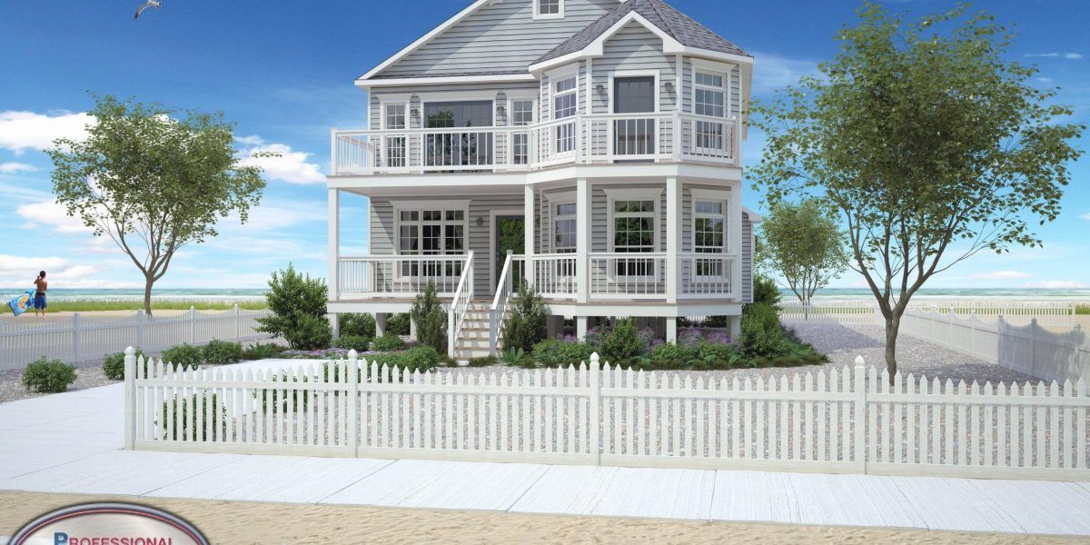 A large white house with a white picket fence is on the beach.