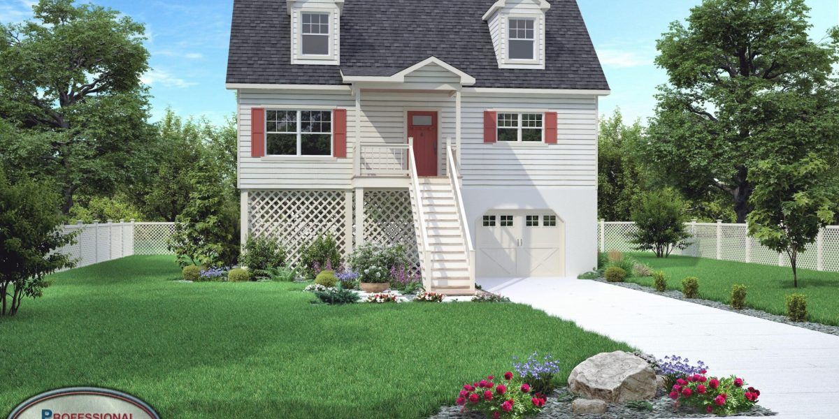 A white house with a black roof and red shutters is sitting on top of a lush green lawn.