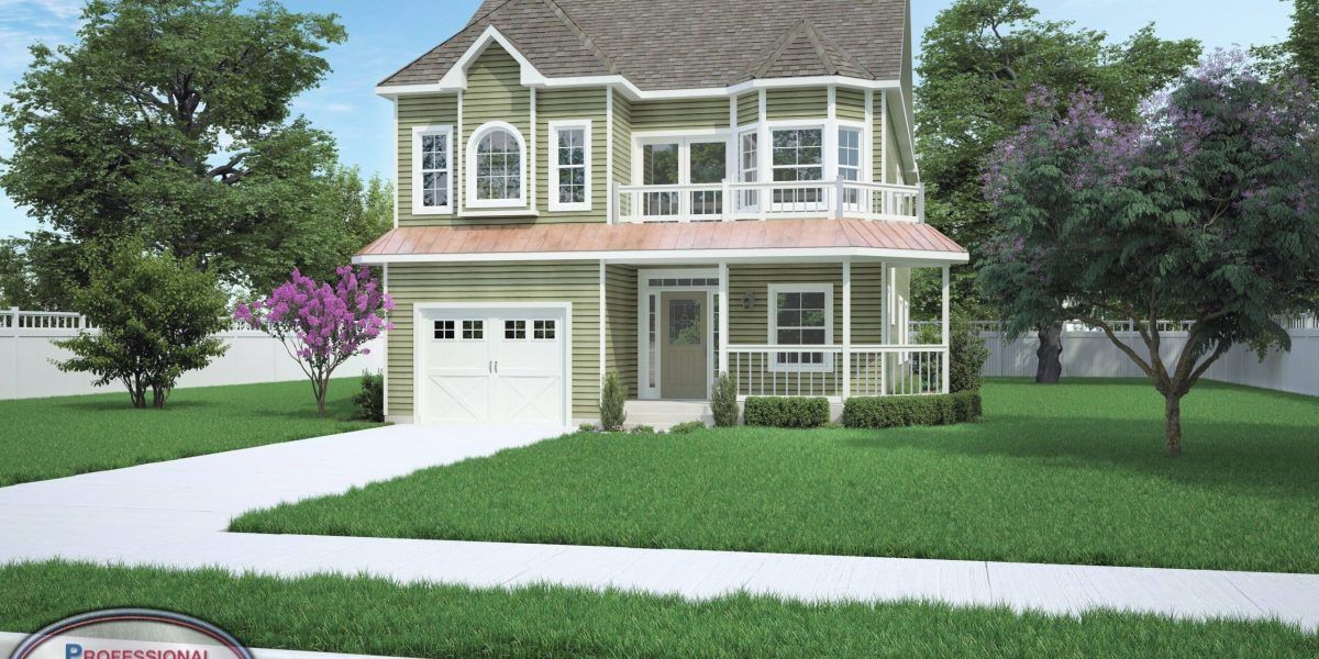 An artist 's impression of a house with a porch and a garage.