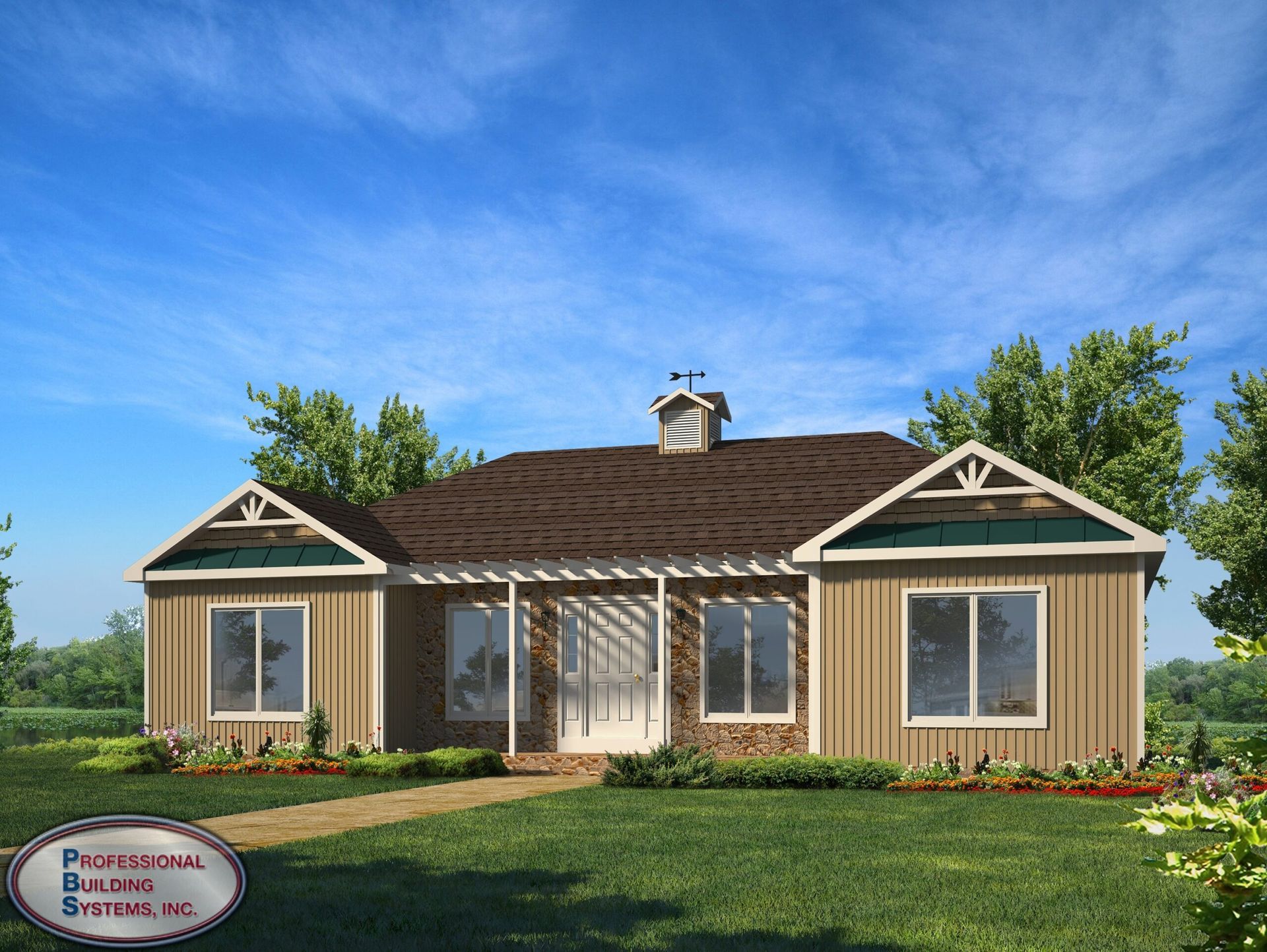A rendering of a house with a brown roof