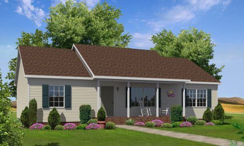 An artist 's impression of a house with a brown roof and a porch.