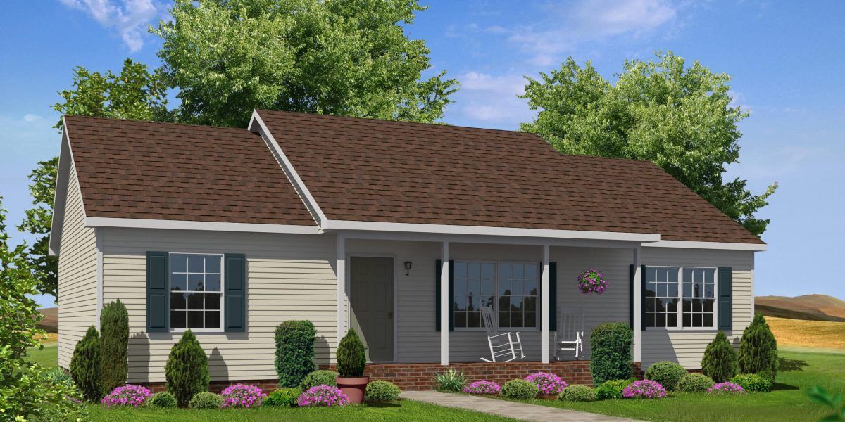 A white house with a brown roof and a porch