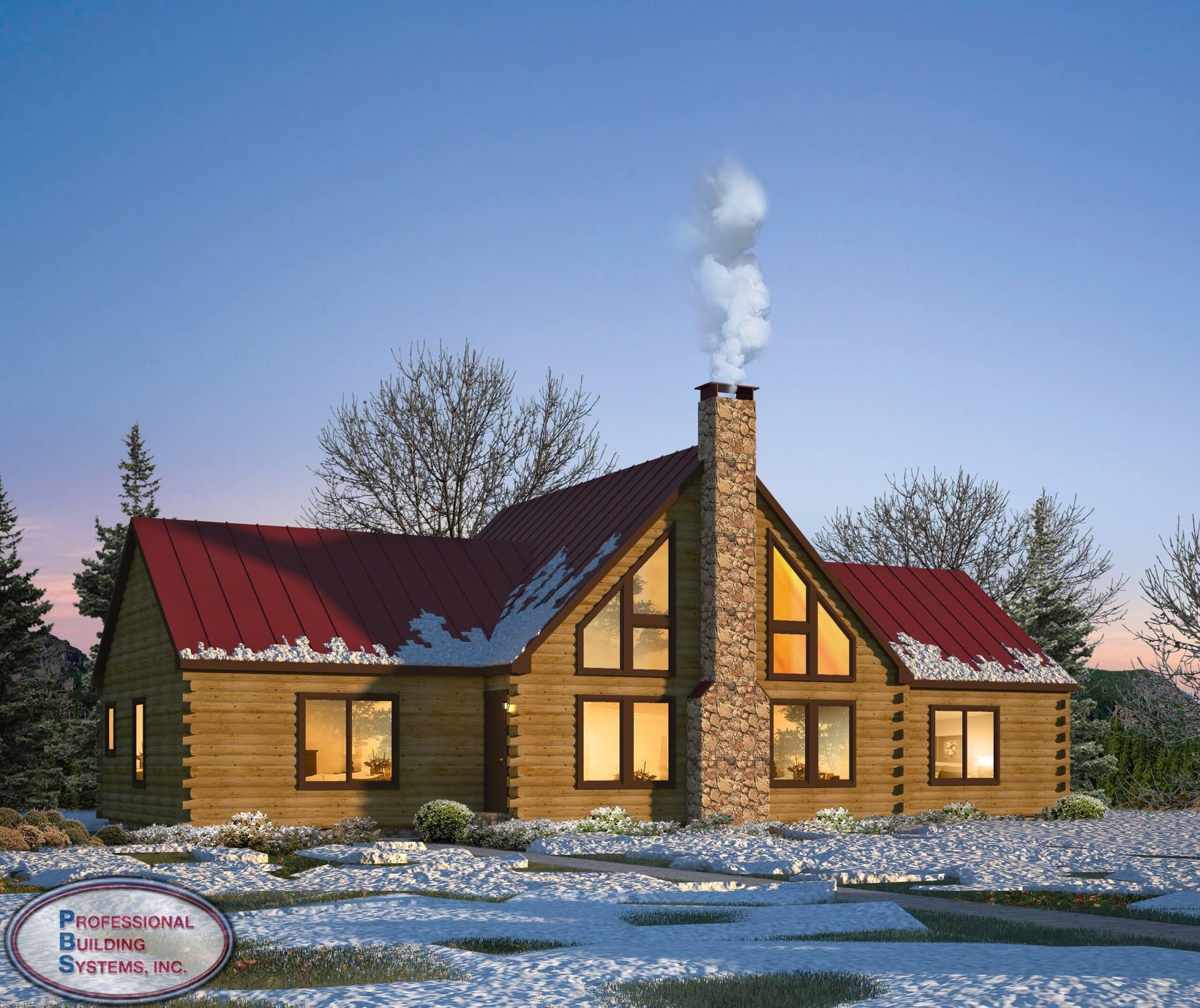 A log cabin with a red roof and smoke coming out of the chimney