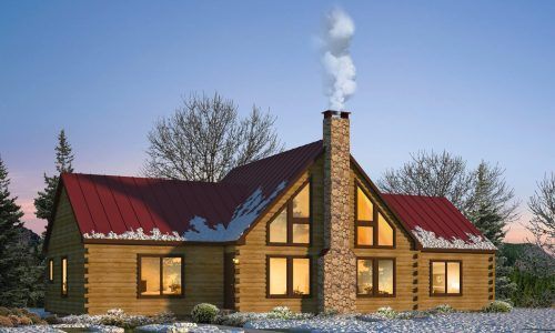 A log cabin with a red roof and smoke coming out of the chimney