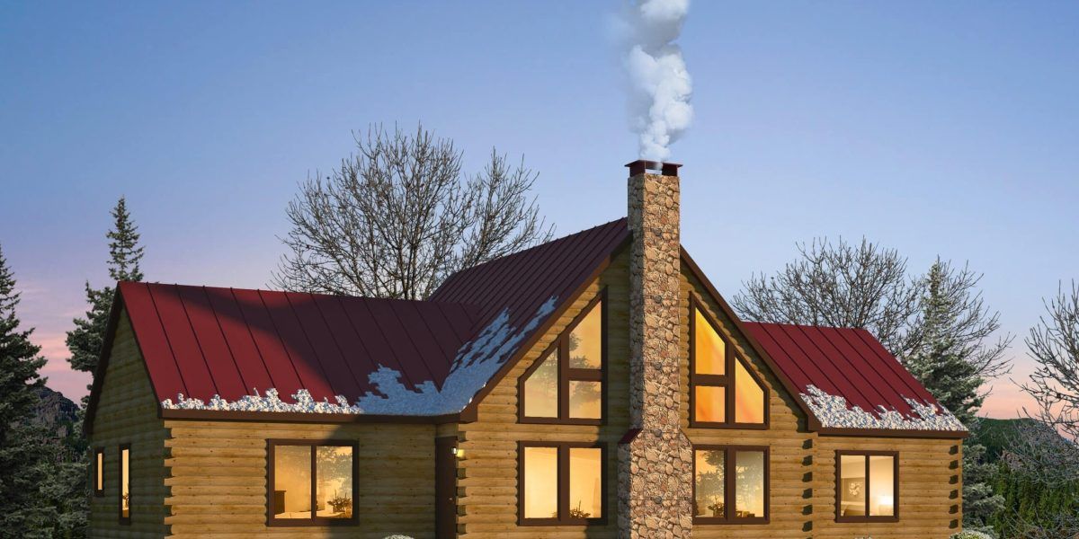 A wooden house with a red roof and smoke coming out of the chimney