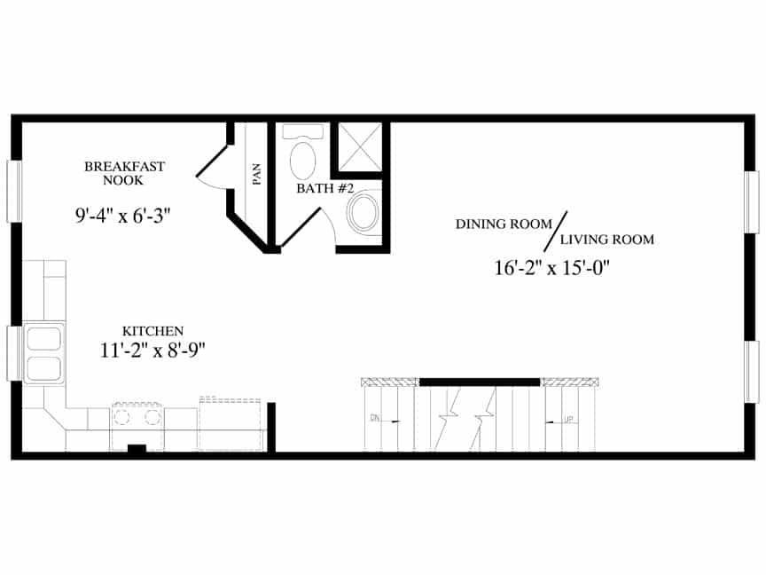 A black and white floor plan of a house with a kitchen , dining room , living room and bathroom.
