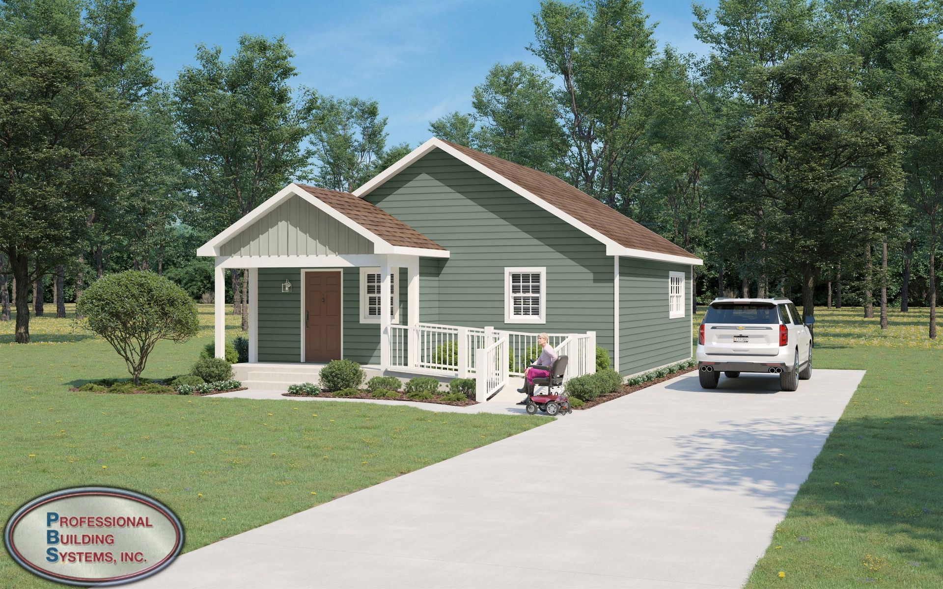 A green house with a car parked in front of it