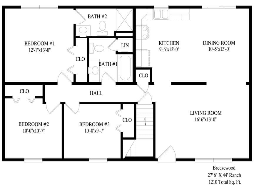 A black and white floor plan of a house with bedrooms and bathrooms.