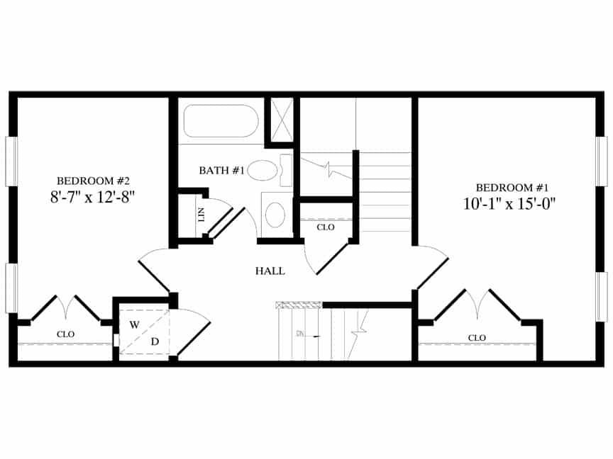 A black and white floor plan of a house with two bedrooms and a bathroom.