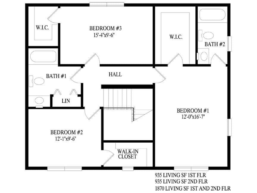 A black and white floor plan of a house with bedrooms and bathrooms.