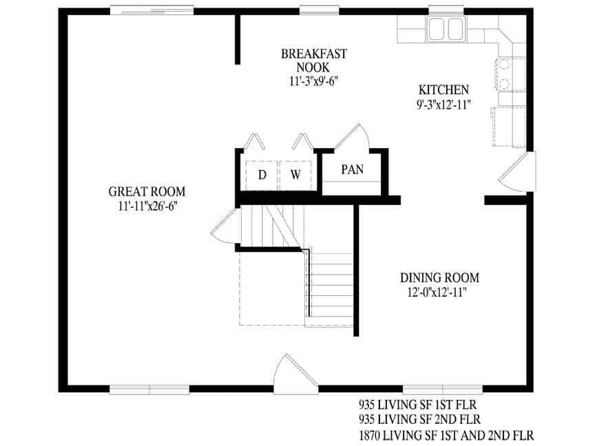 A black and white floor plan of a house with a staircase.