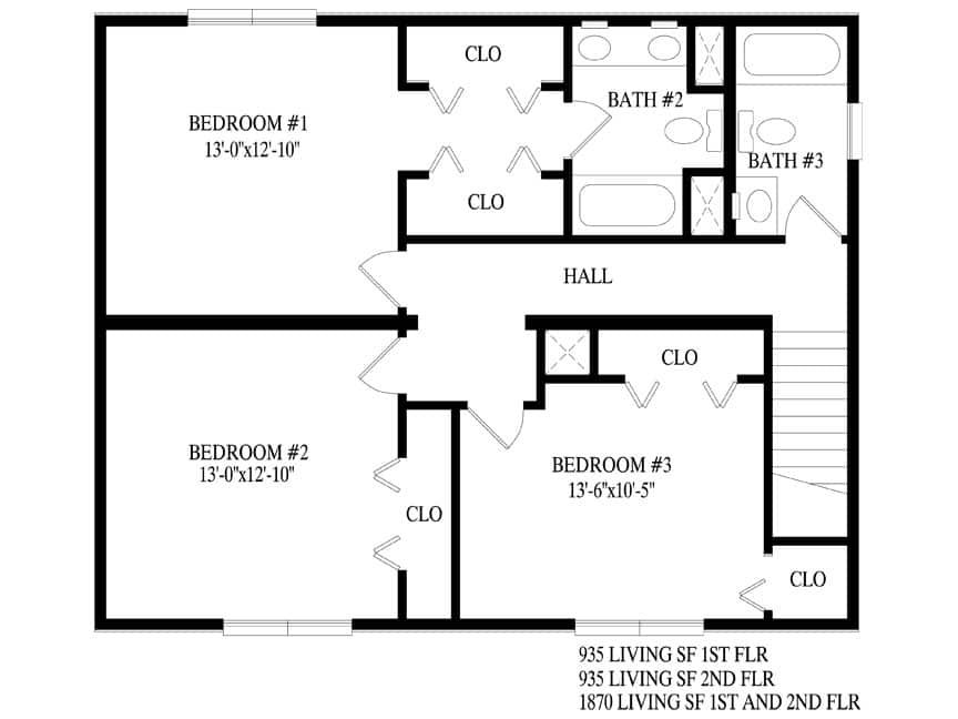 A black and white floor plan of a house with bedrooms and bathrooms.