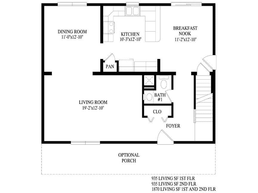 A black and white floor plan of a house with a porch.