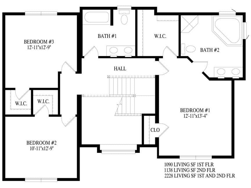 A black and white floor plan of a house with bedrooms and bathrooms.