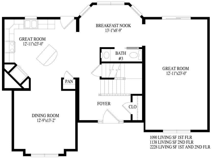 A black and white floor plan of a house with a living room , dining room , and bathroom.