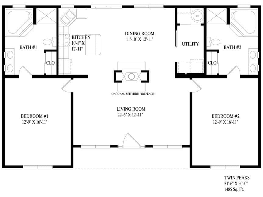 A black and white floor plan of a house with two bedrooms and a kitchen.