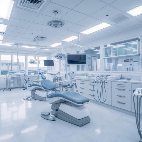 Bright, modern dentist's office with blue chairs, white cabinets, and dental equipment, bathed in cool lighting.