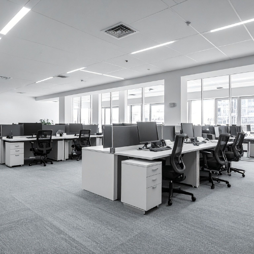 Office space with desks, chairs, computers, and windows. Modern and clean, in shades of gray and white.