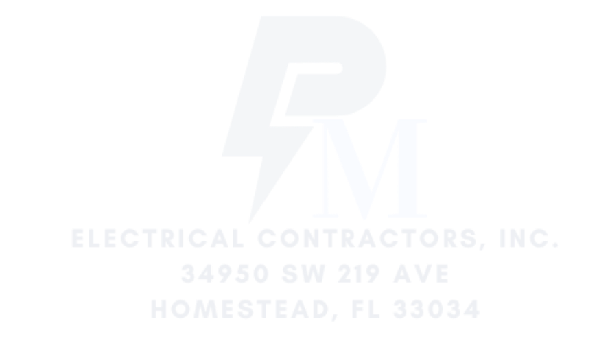 Logo of PM Electrical Contractors, Inc.: Blue letters PM with a lightning bolt, company name below.