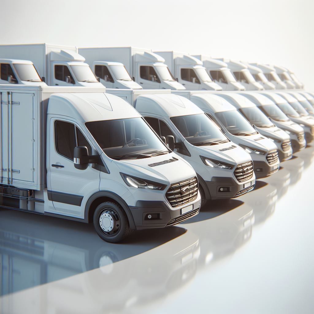 A row of white vans are parked in a parking lot.