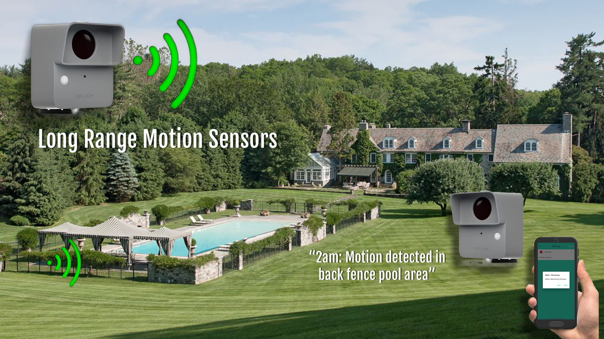 A person holding a cell phone in front of a house with long range motion sensors