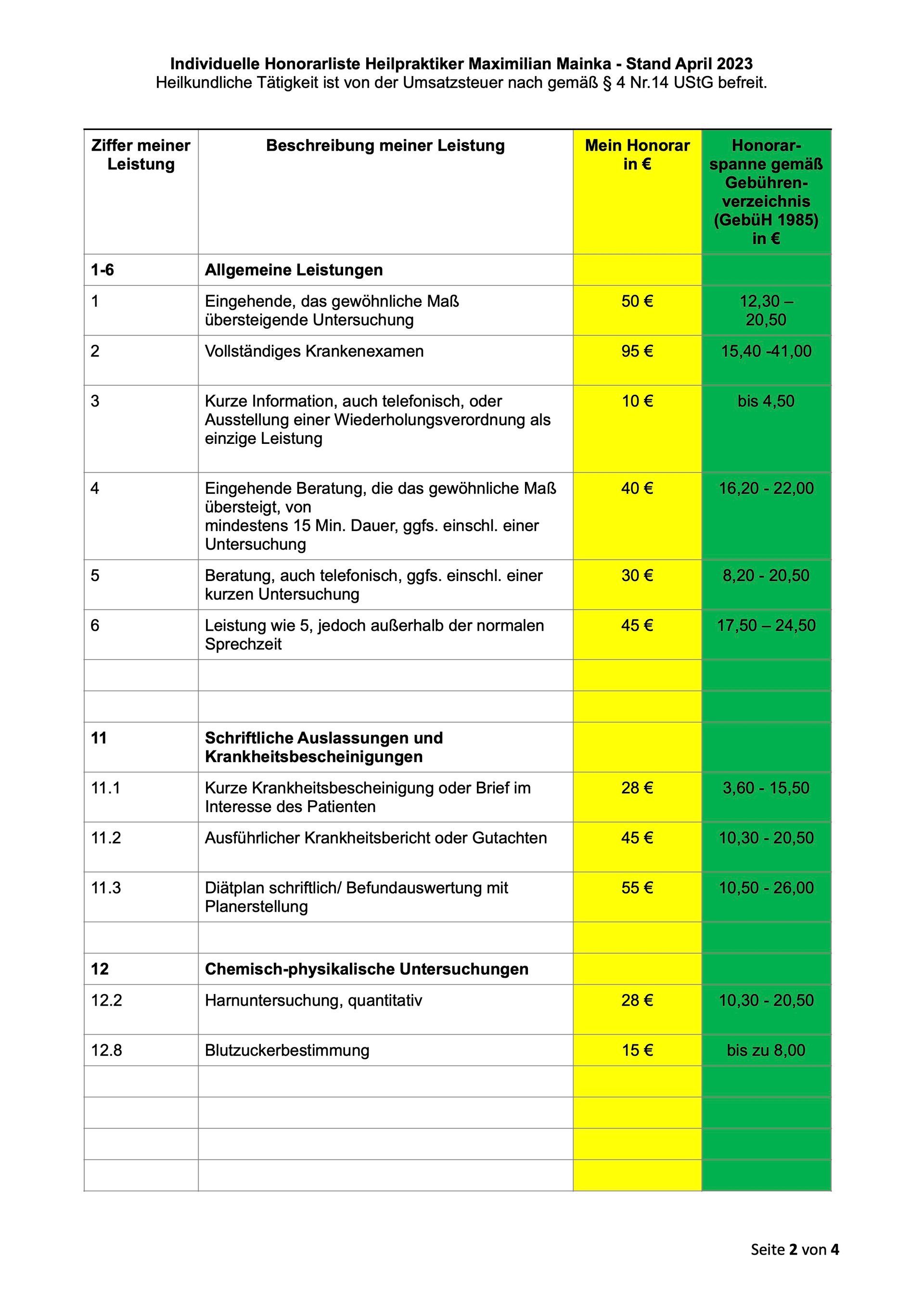 Honorartabelle Kosten Heilpraktiker Mainka