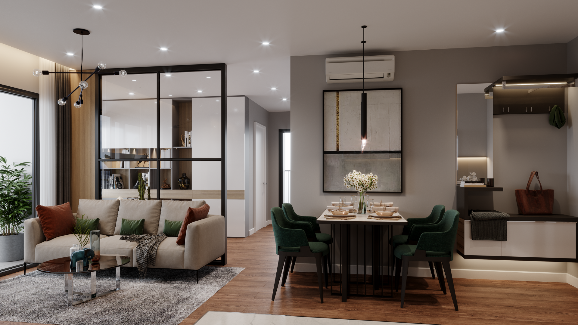 A living room with a couch , table and chairs.