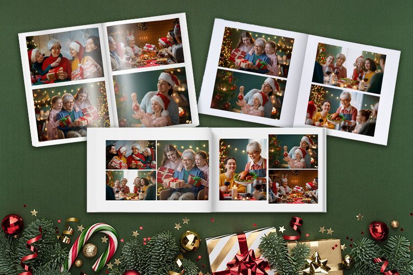 a man and a woman are toasting with champagne on a cover of a book and a Christmas branche.