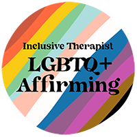 A round, rainbow-striped logo that reads 