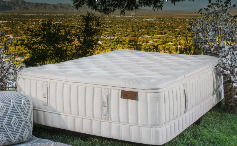 Cream-colored mattress on a matching foundation outdoors with a landscape background.
