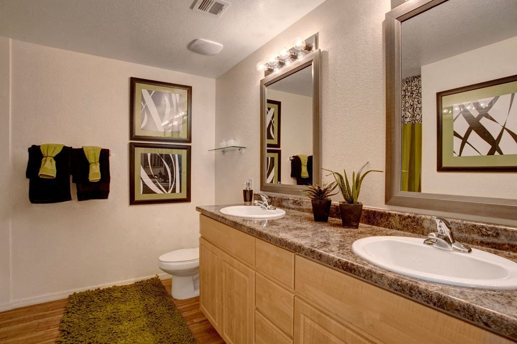 A bathroom with two sinks and a toilet