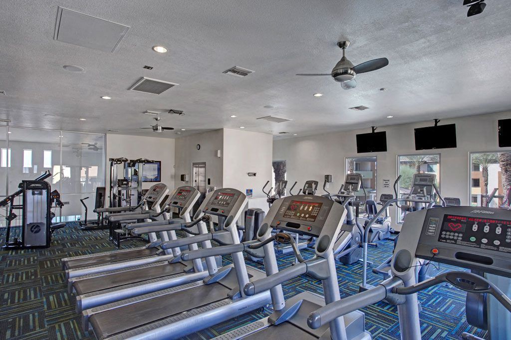 A large gym with a lot of treadmills and exercise bikes.