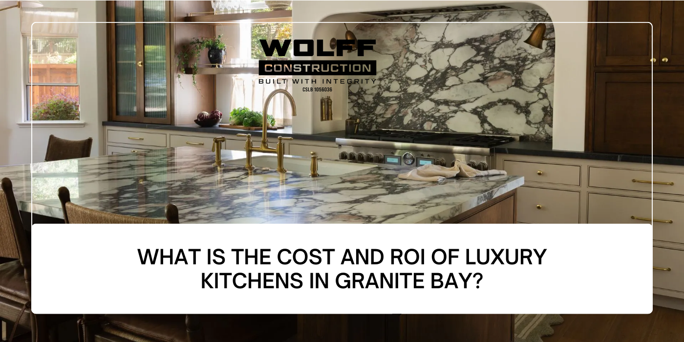 Luxury kitchen with marble countertops, gold fixtures, and a wooden island. Text: 