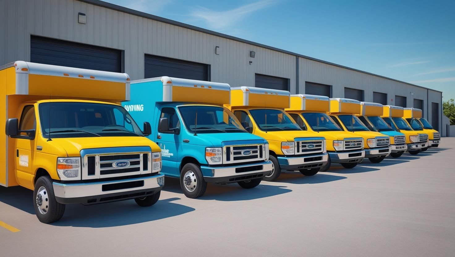 Row of yellow and blue delivery trucks parked in front of a warehouse.