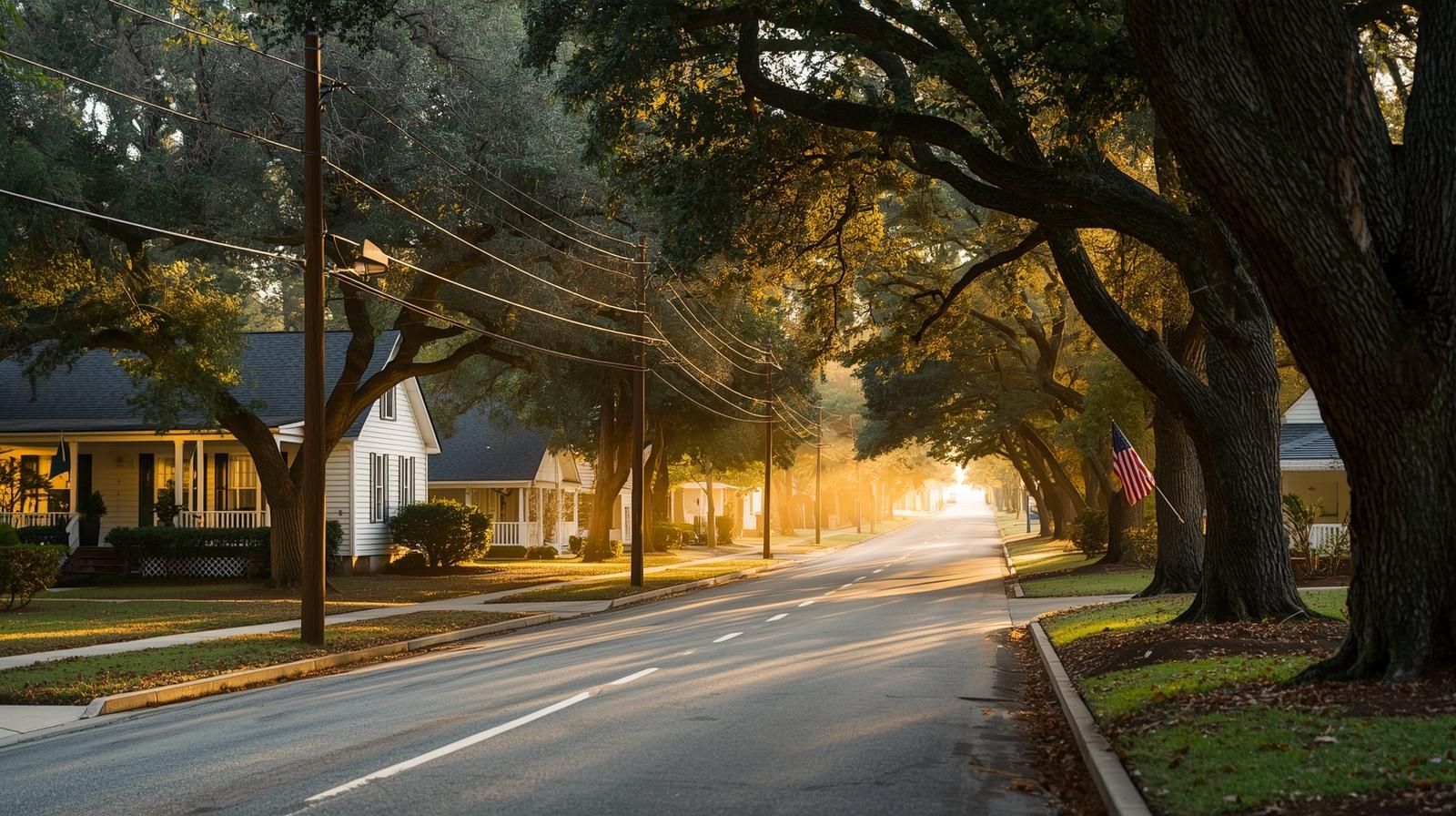 Quiet tree-lined street with small houses and morning sunlight in Holly Hill South Carolina