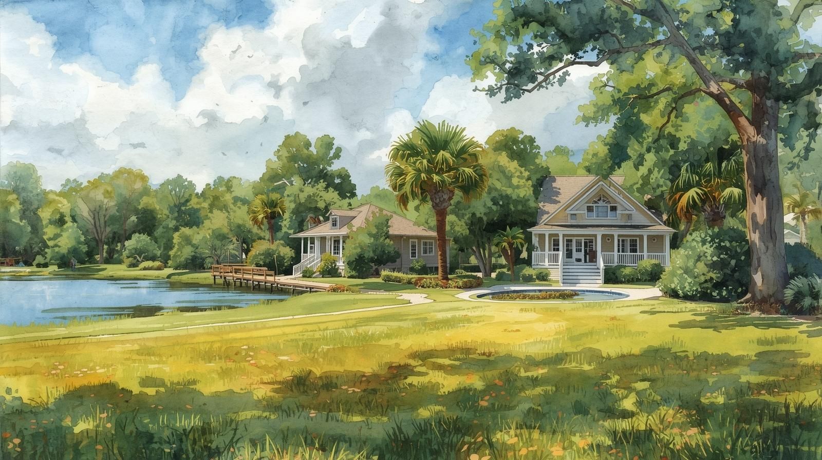 Lakeside homes and palm trees in Williston, Florida