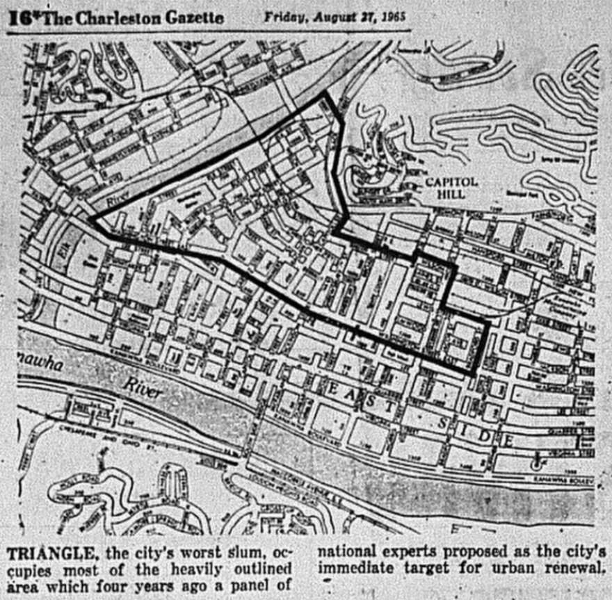 Map of Charleston, WV, with a highlighted slum area labeled