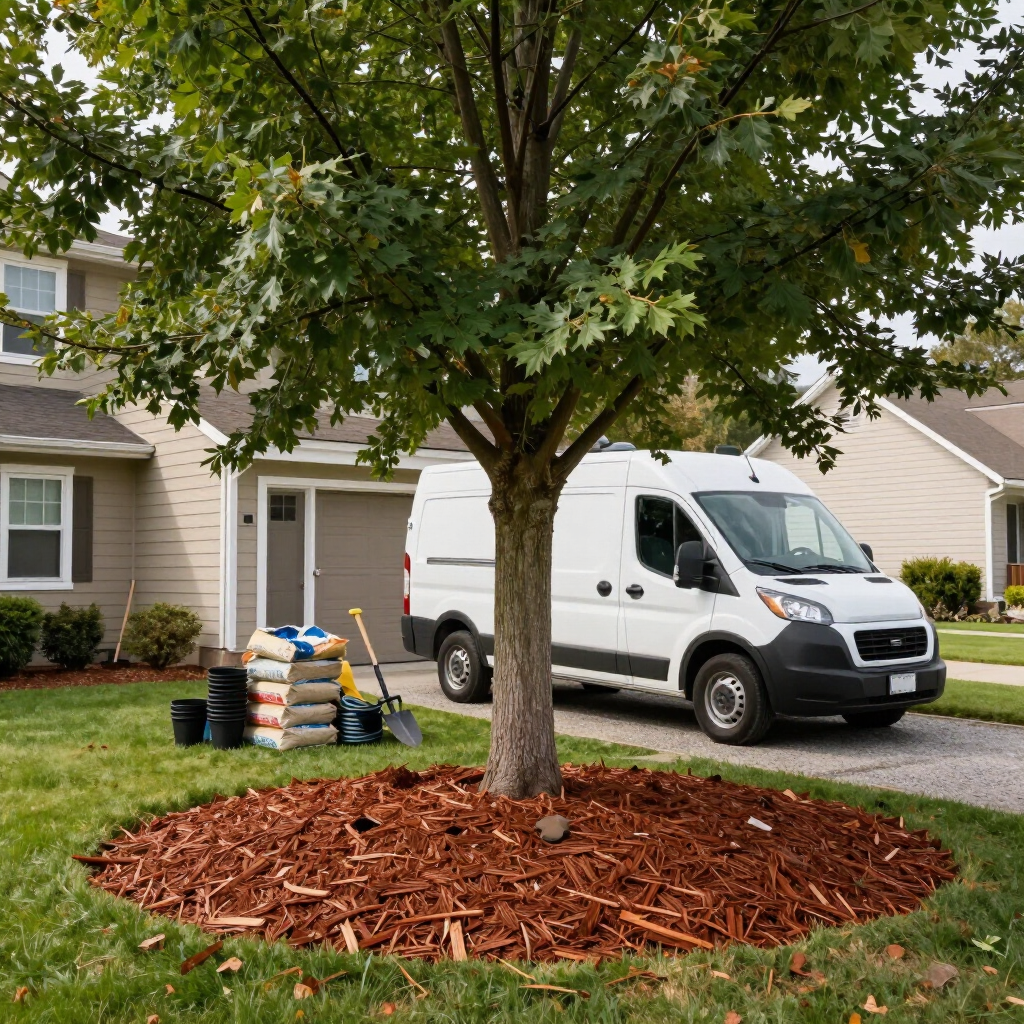 Suburban yard with a large tree, mulch ring, and a work van parked by a house with landscaping supplies.
