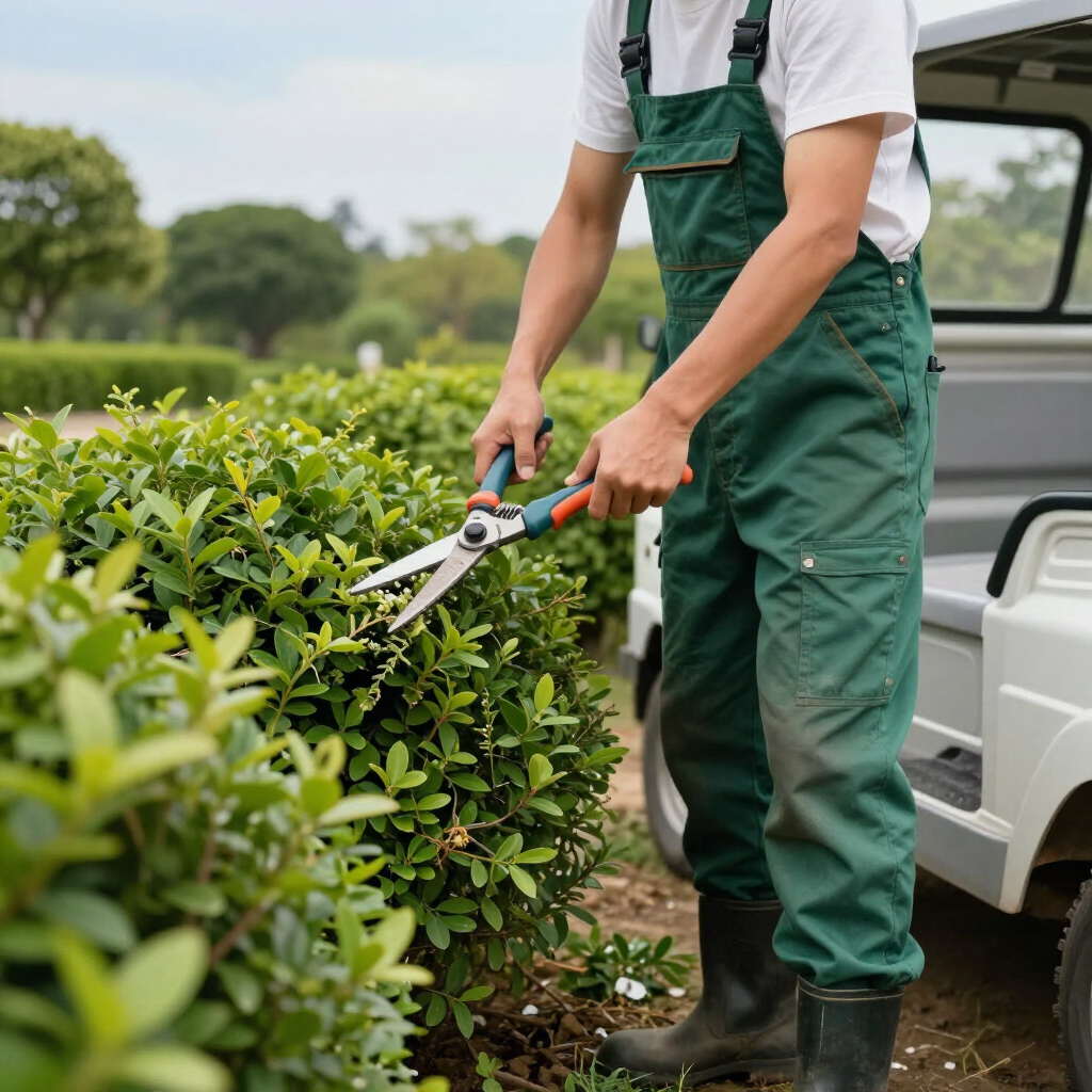 Worker trimming hedge beside a white utility truck in a suburban yard, with branches piled on a tarp.