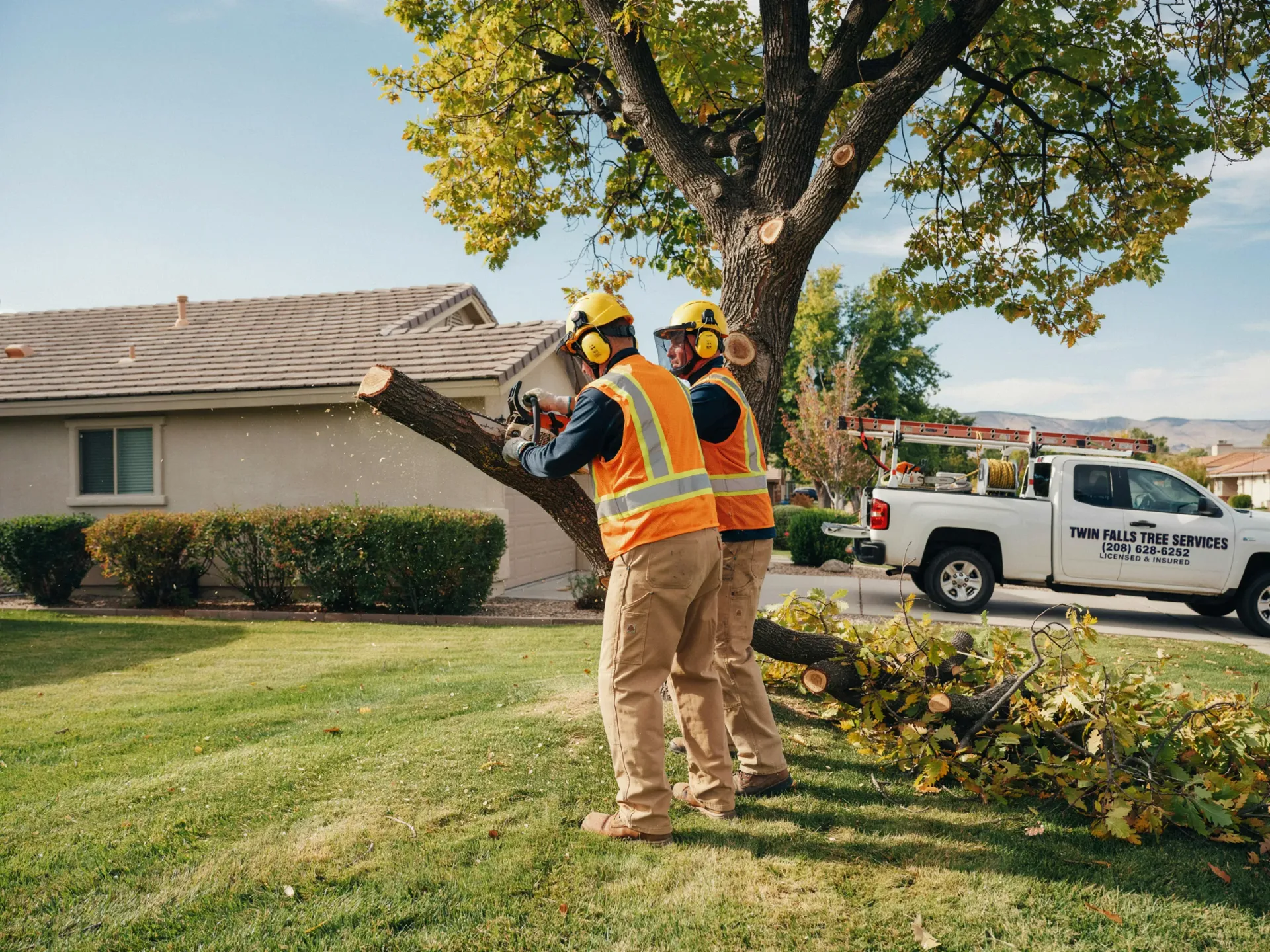 Two workers in orange safety vests trimming a tree in a suburban yard beside a white utility truck.