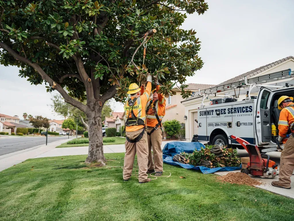 Utility workers in orange safety gear trimming a tree beside a truck on a suburban lawn