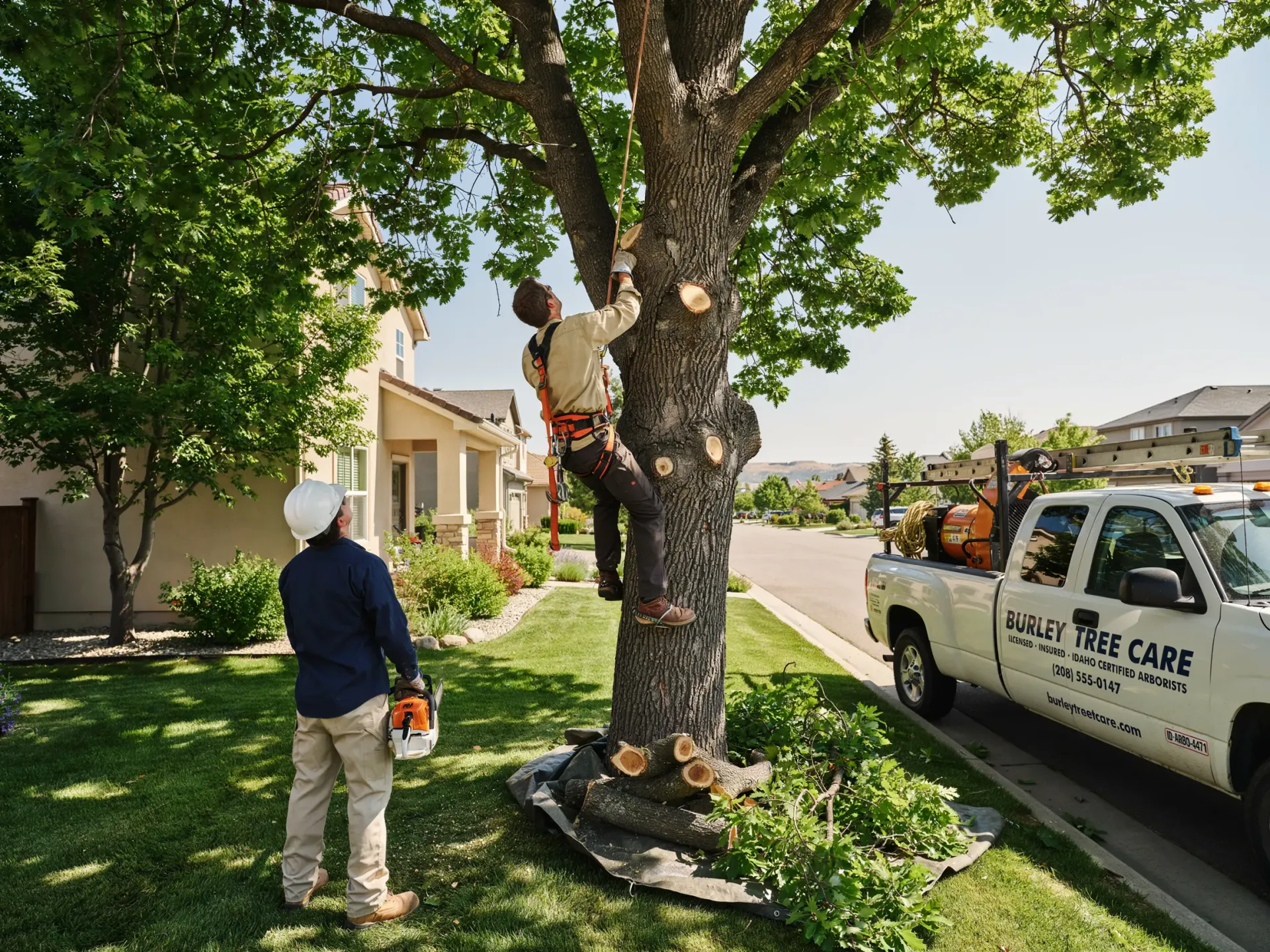 Tree worker pruning branches while another person watches beside a white service truck on a suburban street