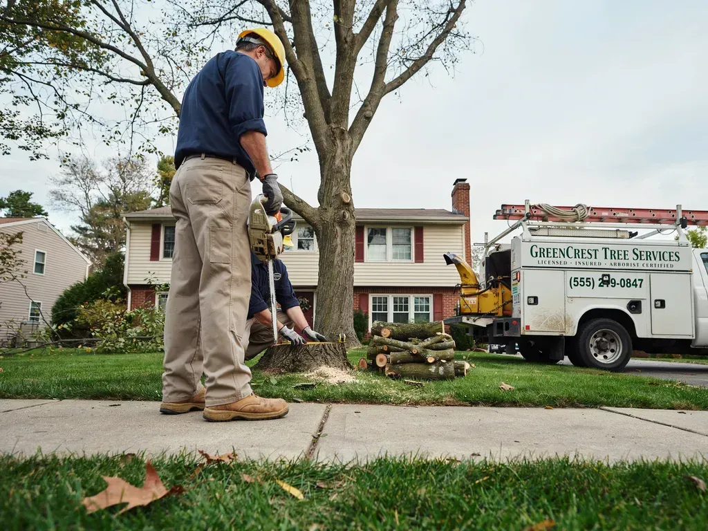 Worker using a chainsaw near a fallen tree in a front yard, with a utility truck parked nearby.