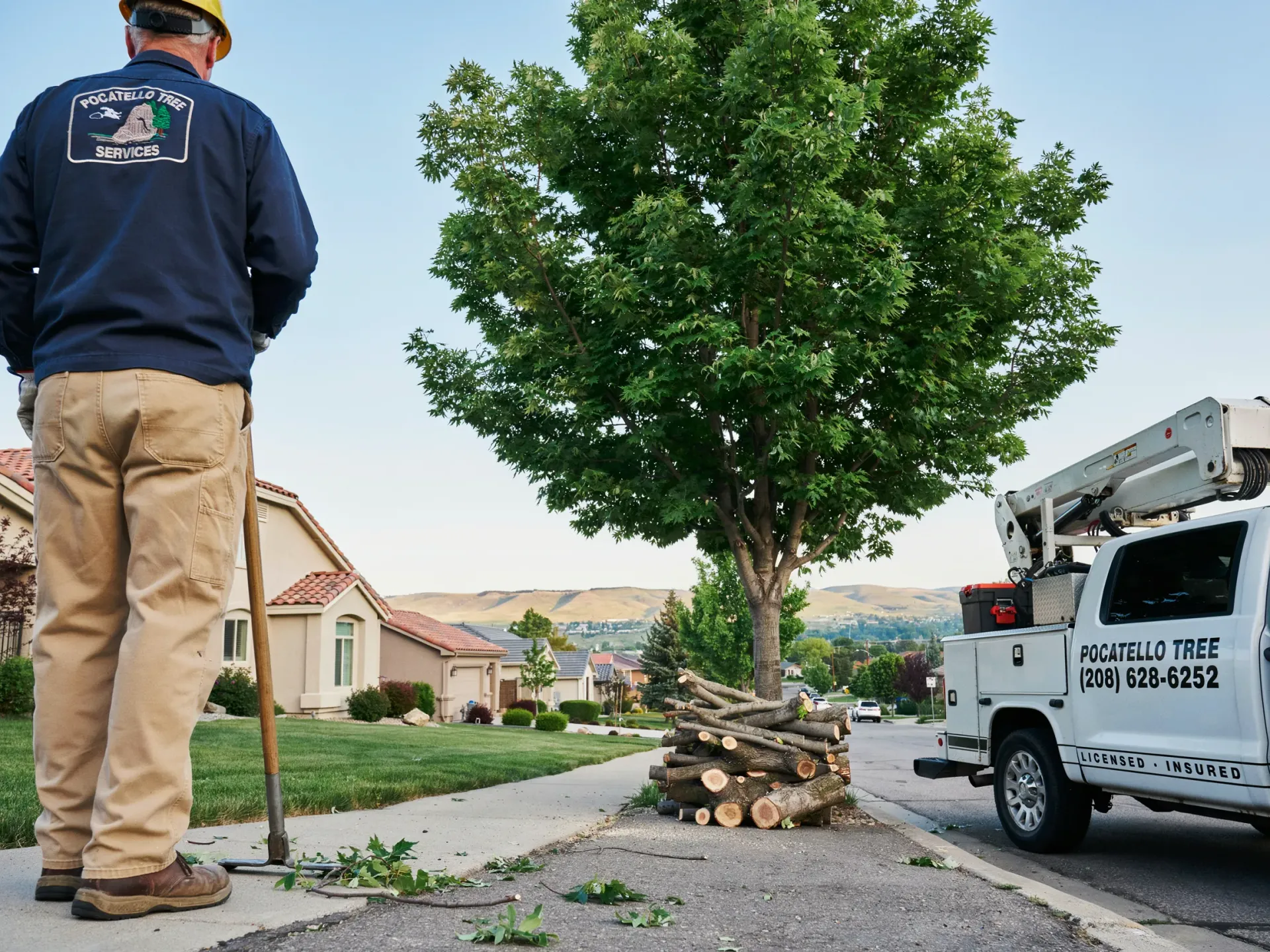 Worker pruning tree beside parked utility truck in suburban street