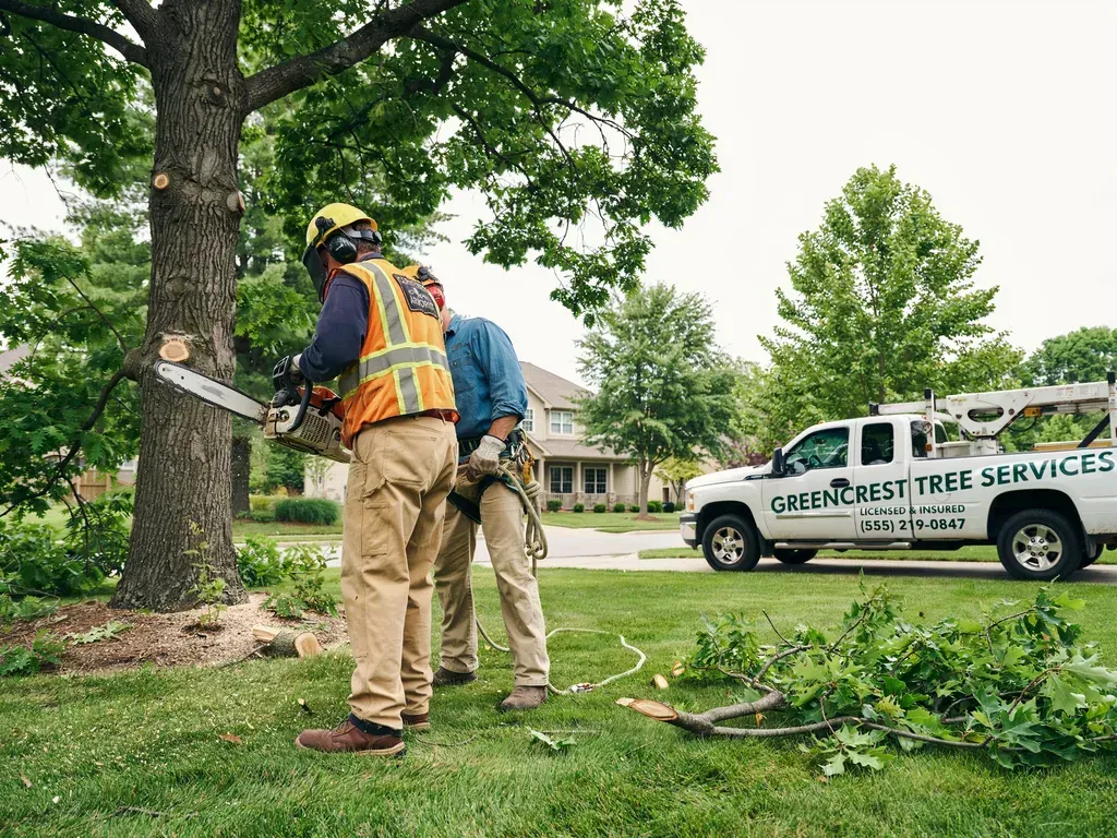 Tree trimmer cutting a large tree limb beside a truck marked “Forest Tree Services” in a suburban yard