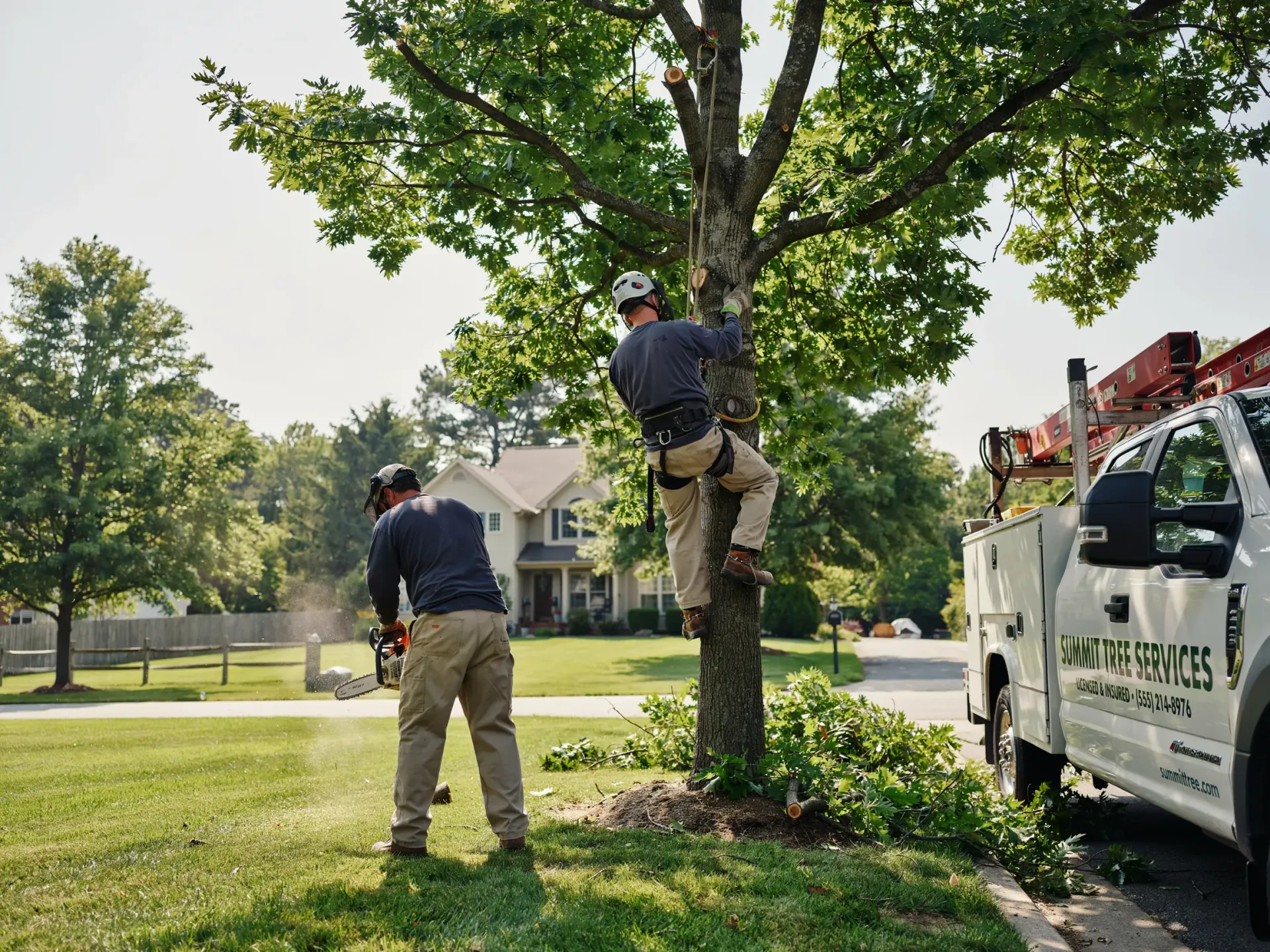 Two workers trimming a tree beside a white service truck in a suburban yard