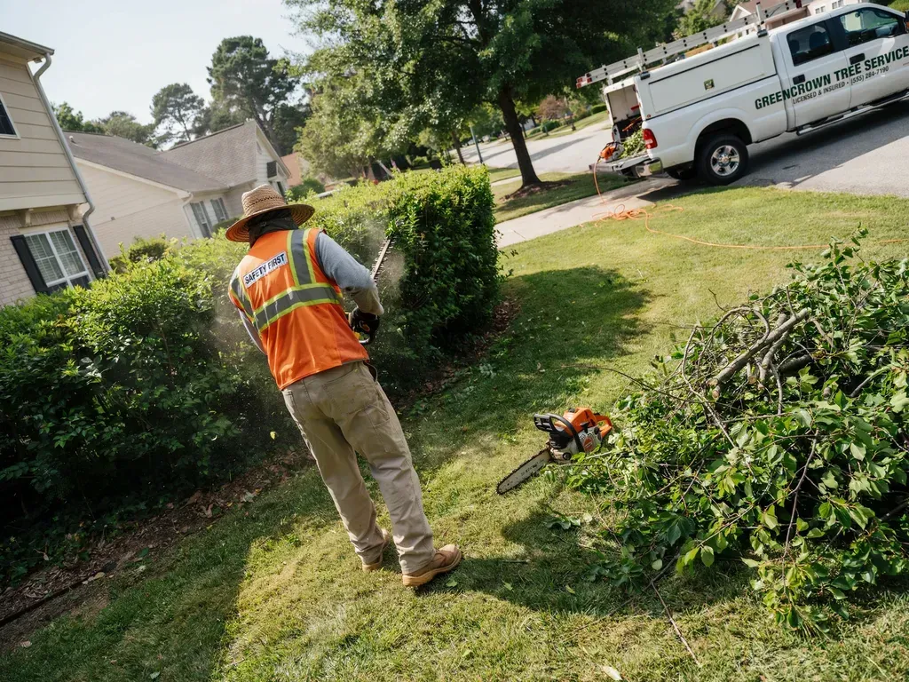 Worker in orange safety vest trimming a hedge on a suburban lawn beside a utility truck.