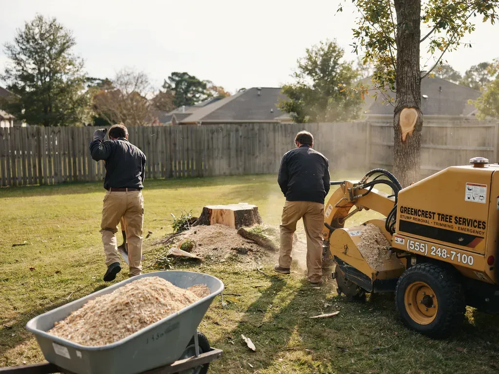 Two workers using a stump grinder in a backyard, with a wheelbarrow of wood chips nearby.