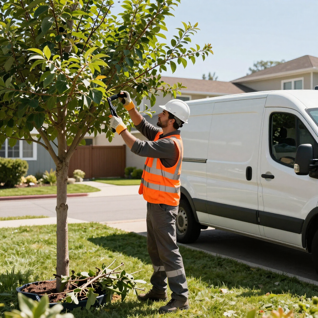Worker trimming tree branches beside a utility van in a suburban yard